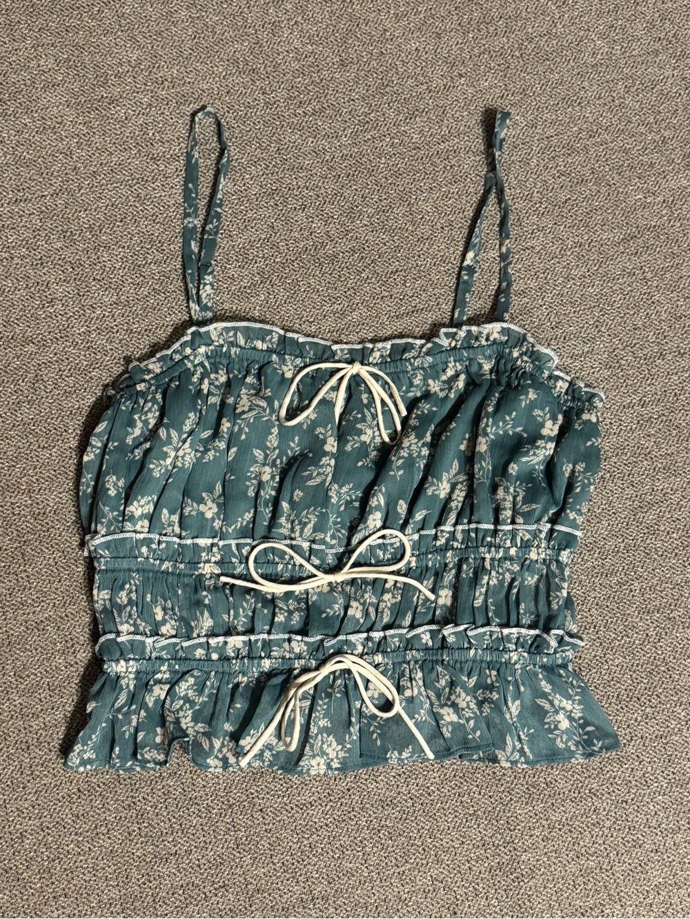 Floral Smocked Teal Blue Cami with Tie Accents